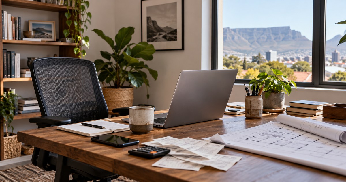 Dedicated home office with a desk, receipts and a floor plan for tax calculations