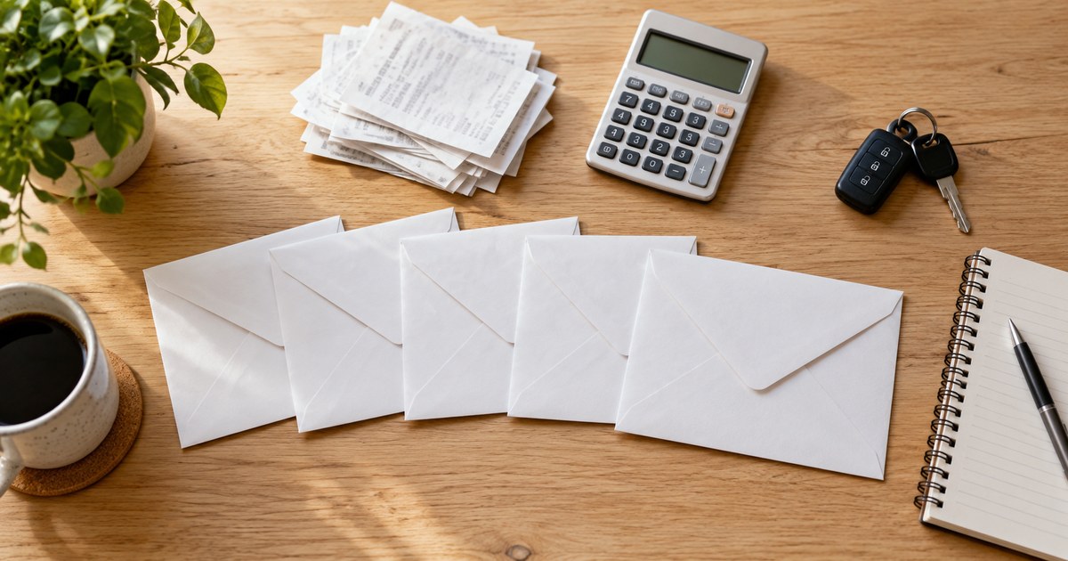 Savings envelopes, car keys and calculator used to plan annual household expenses