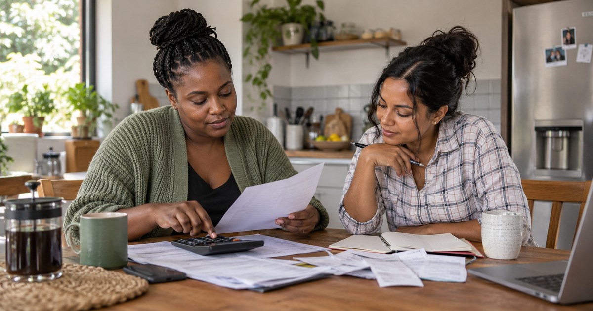 Two partners comparing household contributions with different take-home salaries